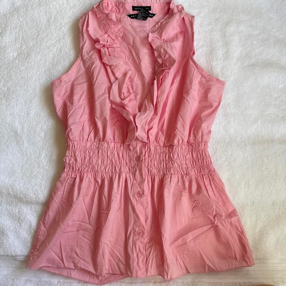 beautiful fitted coquette pink button up blouse with ruffles